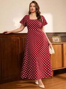 Auvina Plus Size Women's Vintage Polka Dot Print Square Neck Cinched Cinched Waist Flattering French Elegant Casual Versatile Dress - Red - View 4