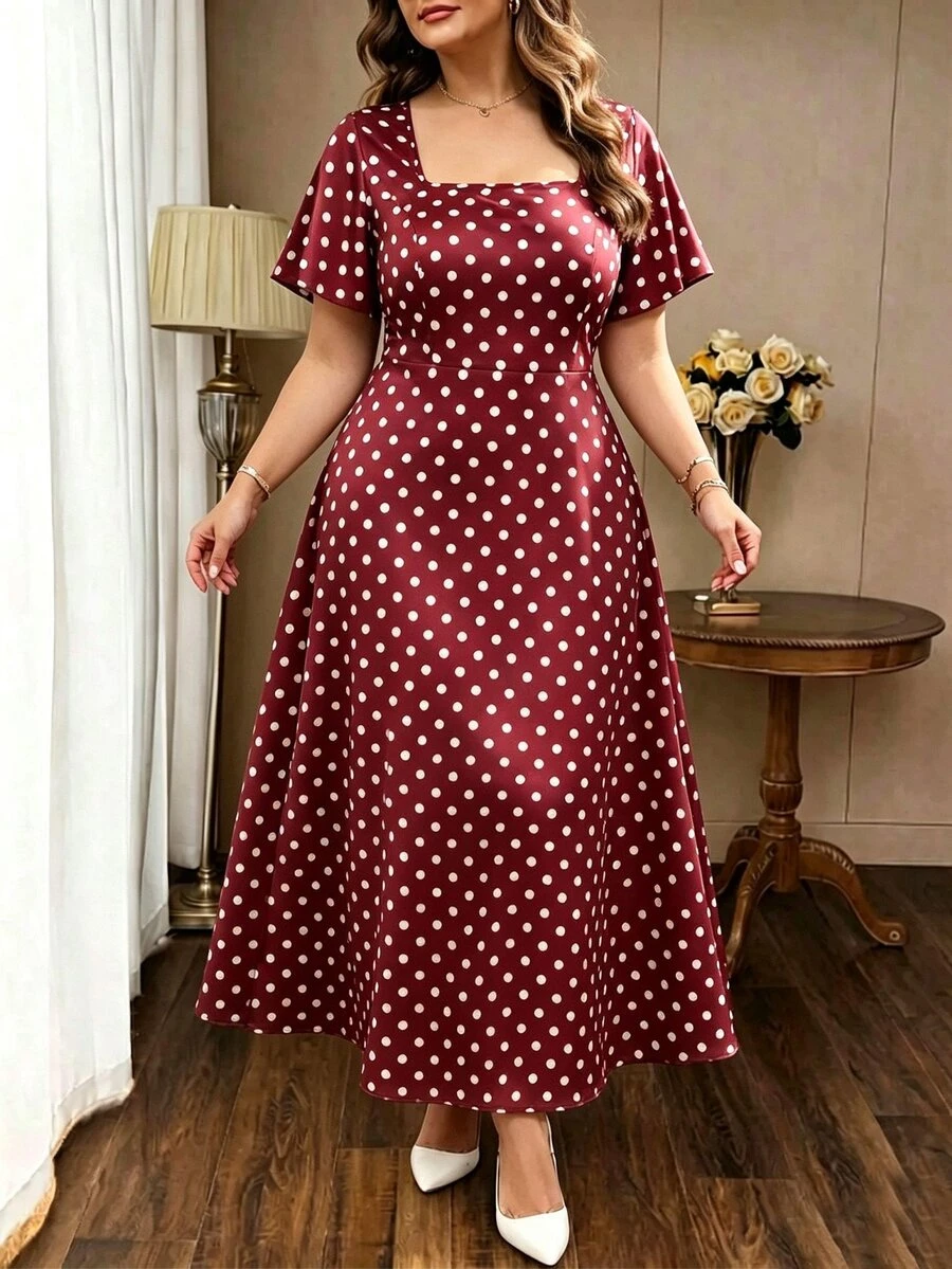 Auvina Plus Size Women's Vintage Polka Dot Print Square Neck Cinched Cinched Waist Flattering French Elegant Casual Versatile Dress - Red - View 1