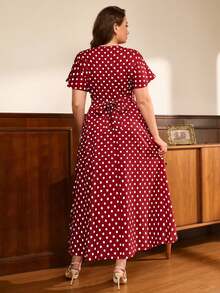 Auvina Plus Size Women's Vintage Polka Dot Print Square Neck Cinched Cinched Waist Flattering French Elegant Casual Versatile Dress - Red - View 2