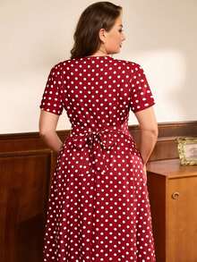 Auvina Plus Size Women's Vintage Polka Dot Print Square Neck Cinched Cinched Waist Flattering French Elegant Casual Versatile Dress - Red - View 6