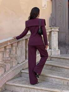 Firerie Women's Casual Business Outerwear Pleated Lapel Waist Long Sleeve Blazer High Waist Wide Leg Pants Dark Purple 2 Pieces Suit Set Summer - Burgundy - View 5
