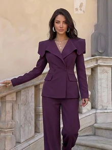 Firerie Women's Casual Business Outerwear Pleated Lapel Waist Long Sleeve Blazer High Waist Wide Leg Pants Dark Purple 2 Pieces Suit Set Summer - Burgundy - View 2