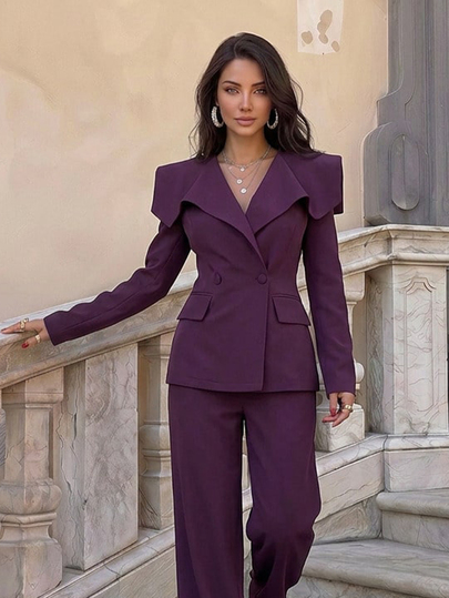 Firerie Women's Elegant Minimalist Commute Office Outerwear Fashion New Year Pleated Lapel Waist Long Sleeve Blazer And High Waist Wide Leg Pants Burgundy & Purple 2 Pieces Suit Set, Autumn/Winter