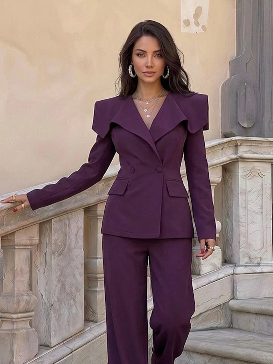 Firerie Women's Casual Business Outerwear Pleated Lapel Waist Long Sleeve Blazer High Waist Wide Leg Pants Dark Purple 2 Pieces Suit Set Summer