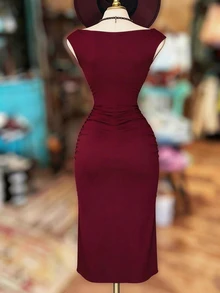 SHEIN LUNE Fashionable Minimalist Women's Split Maxi Dress, Gift For Friends - Burgundy - View 2