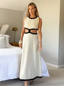 Amy Towne 100%純棉黑色與銀色夏季無袖鏤空長洋裝 法式優雅 熱帶性感 高腰休閒沙灘度假風 - 杏色 - 查看 2