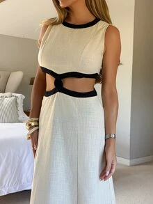Amy Towne 100%純棉黑色與銀色夏季無袖鏤空長洋裝 法式優雅 熱帶性感 高腰休閒沙灘度假風 - 杏色 - 查看 5