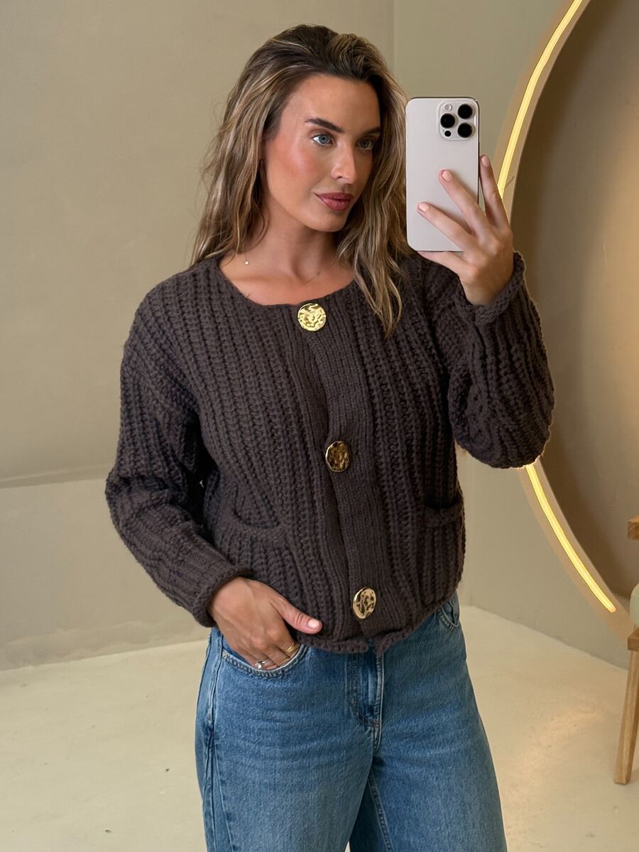 Amy Towne Women's Solid Color Front Button Long Sleeve Casual Blouse,Knitted Sweater In Fall/Winter Brown - Coffee Brown - View 1