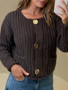 Amy Towne Women's Solid Color Front Button Long Sleeve Casual Blouse,Knitted Sweater In Fall/Winter Brown - Coffee Brown - View 6