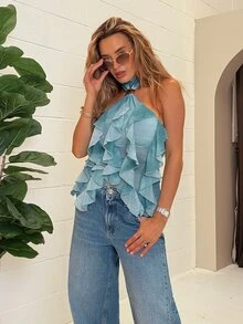 Amy Towne 女款優雅多層荷葉邊立領修身背心上衣休閒款 - 藍色 - 查看 4