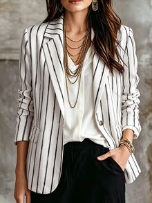 Linhara CURVE Plus-Size Lady's Casual Striped Business Suit For Autumn - Apricot - View 1
