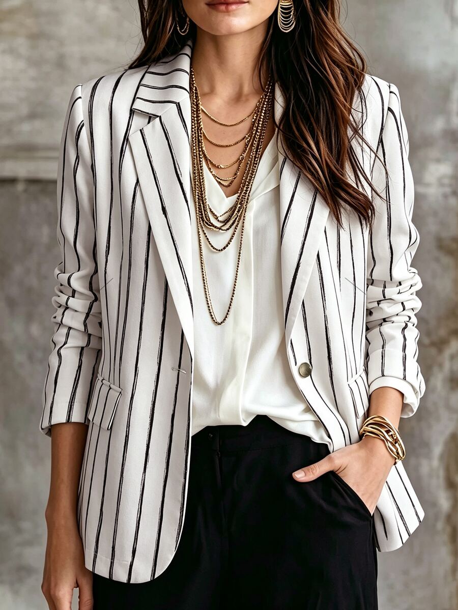 Linhara CURVE Plus-Size Lady's Casual Striped Business Suit For Autumn - Apricot - View 1