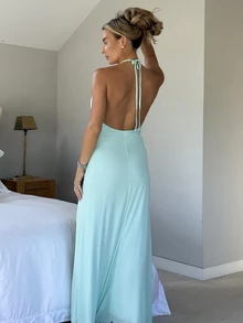 Amy Towne 女款優雅性感薄荷綠夏季掛脖深V領露背長洋裝，誘人百褶網紗度假度假穿搭，附金屬貝殼裝飾派對禮服 - 薄荷綠 - 查看 3
