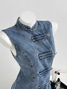 Elamini 女款不對稱門襟拿破崙風綁帶鈕扣水洗牛仔上衣 - 中等水洗藍 - 查看 7