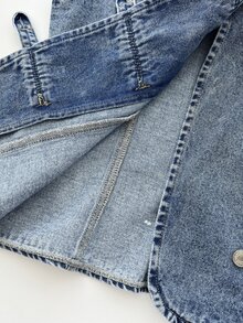 Elamini 女款不對稱門襟拿破崙風綁帶鈕扣水洗牛仔上衣 - 中等水洗藍 - 查看 5