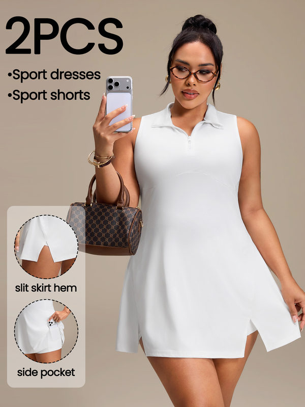 SHEIN Rhythm Era Women's Plus Size Solid Color Zipper Design Sleeveless Sports Dress With Shorts Golf Tennis White Summer