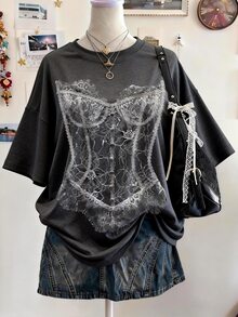 Lalippa 哥特风数码印花休闲宽松中长款圆领落肩女式T恤，送朋友的礼物 - 彩色 - 查看 1