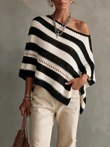 SHEIN Franclia 女款拼色不對稱單肩休閒百搭針織上衣 - 黑與白 - 查看 3