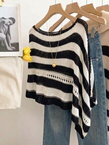 SHEIN Franclia 女款拼色不對稱單肩休閒百搭針織上衣 - 黑與白 - 查看 6