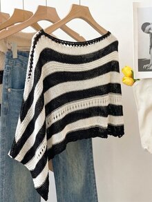 SHEIN Franclia 女款拼色不對稱單肩休閒百搭針織上衣 - 黑與白 - 查看 2
