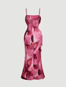 SHEIN MOD 女款粉白水彩印花細肩帶長洋裝，抓皺緊身禮服裙，附3D玫瑰裝飾與側邊垂墜荷葉邊，派對正式穿著 - 彩色 - 查看 6