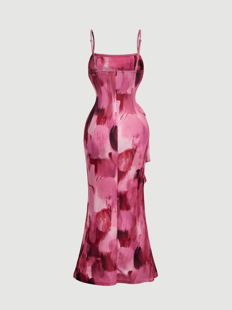 SHEIN MOD Pink And White Watercolor Print Spaghetti Strap Maxi Dress For Women, Ruched Bodycon Gown With 3D Rose Detail, Side Draped Ruffle, Party Formal Wear - Multicolor - View 6