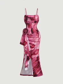 SHEIN MOD 女款粉白水彩印花細肩帶長洋裝，抓皺緊身禮服裙，附3D玫瑰裝飾與側邊垂墜荷葉邊，派對正式穿著 - 彩色 - 查看 2