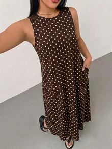 SHEIN Essnce 大尺碼女款波點休閒日常夏季洋裝 - 棕色 - 查看 6
