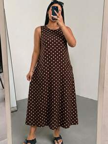 SHEIN Essnce 大尺碼女款波點休閒日常夏季洋裝 - 棕色 - 查看 4