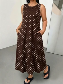SHEIN Essnce 大尺碼女款波點休閒日常夏季洋裝 - 棕色 - 查看 3
