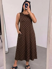 SHEIN Essnce 大尺碼女款波點休閒日常夏季洋裝 - 棕色 - 查看 5