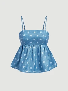 SHEIN MOD Washed Blue Polka Dot Polka Dot Print Camisole Top Vacation Summer Cute.Halloween.Back To School. - Multicolor - View 5