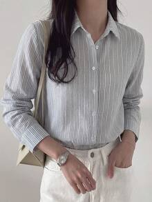 DAZY 女款條紋商務休閒長袖襯衫 - 灰色 - 查看 1