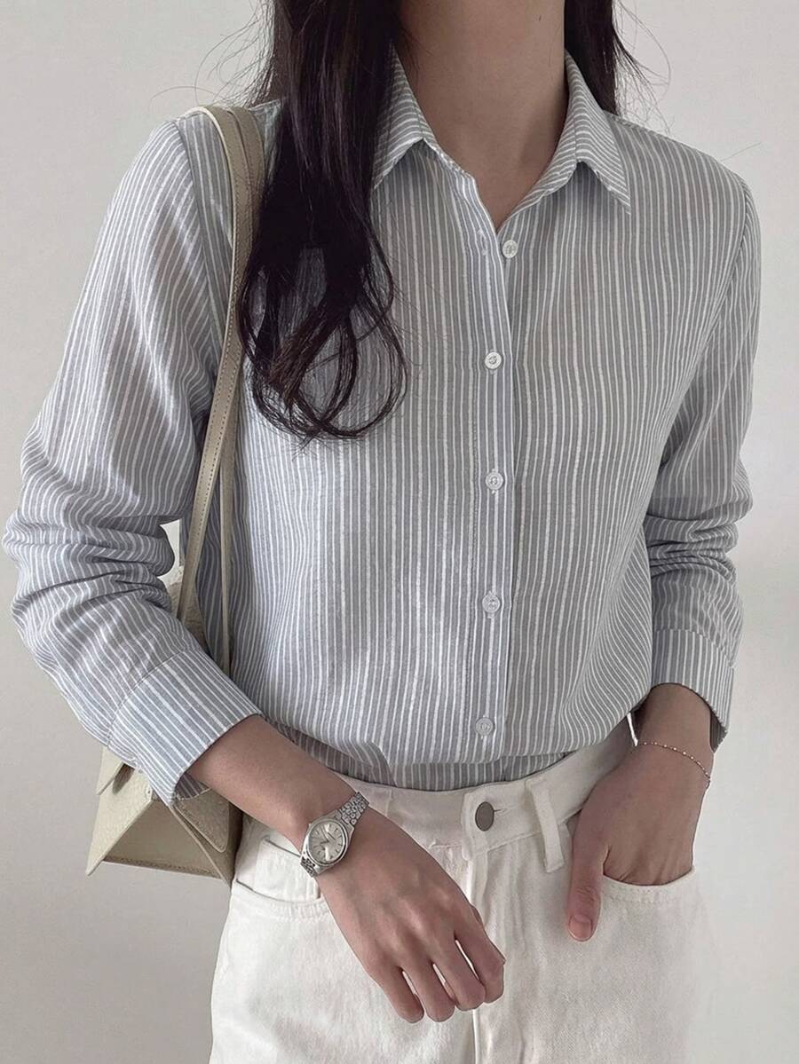 DAZY 女款條紋商務休閒長袖襯衫 - 灰色 - 查看 1