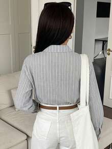 DAZY 女款條紋商務休閒長袖襯衫 - 灰色 - 查看 2