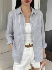 DAZY 女款條紋商務休閒長袖襯衫 - 灰色 - 查看 6