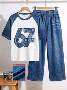 SHEIN 青少年男孩拼色拼接數字印花T恤與牛仔效果長褲2件套 - 深色水洗藍 - 查看 3