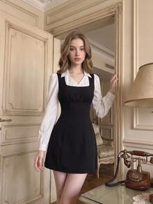 SHEIN MOD Black And White Colorblock 2 In 1 Button Petal Sleeve Mini Dress Birthday Date Dinner Date Party Autumn French Elegant French.Halloween.School. - Black and White - View 4