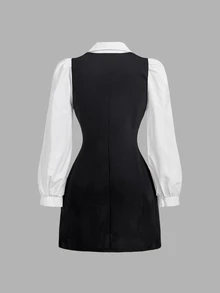 SHEIN MOD Black And White Colorblock 2 In 1 Button Petal Sleeve Mini Dress Birthday Date Dinner Date Party Autumn French Elegant French.Halloween.School. - Black and White - View 3