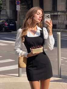 SHEIN MOD Black And White Colorblock 2 In 1 Button Petal Sleeve Mini Dress Birthday Date Dinner Date Party Autumn French Elegant French.Halloween.School. - Black and White - View 5