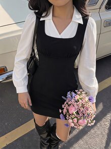 SHEIN MOD Black And White Colorblock 2 In 1 Button Petal Sleeve Mini Dress Birthday Date Dinner Date Party Autumn French Elegant French.Halloween.School. - Black and White - View 1