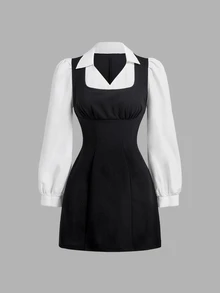 SHEIN MOD Black And White Colorblock 2 In 1 Button Petal Sleeve Mini Dress Birthday Date Dinner Date Party Autumn French Elegant French.Halloween.School. - Black and White - View 2