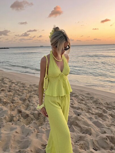 SHEIN MOD Lace Patchwork Halter Tie Top And Drawstring Waist Wide Leg Pants Set Beach Holiday Lime Green Summer Elegant Sexy.Halloween.Back To School.