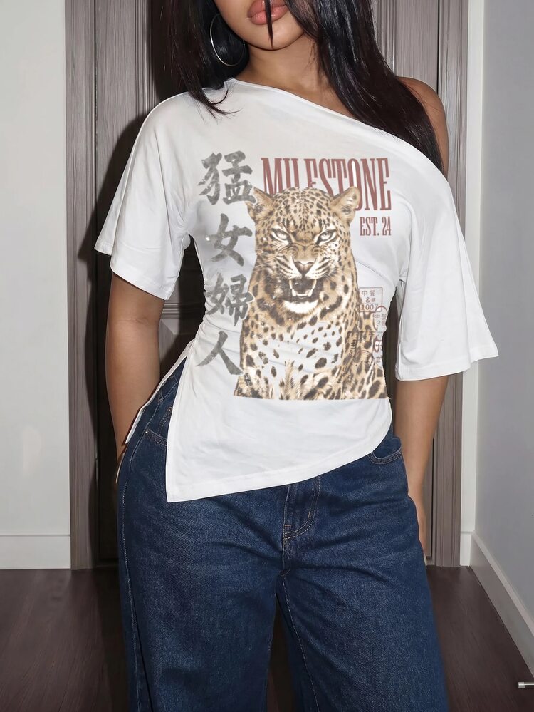 Slaydiva New Summer/Fall Women's Asymmetrical Hem One Shoulder Short Sleeve Top/Back To School/Streetwear/95%Cotton/Mandarin "Fierce Woman" & Leopard Pattern - Multicolor - View 8