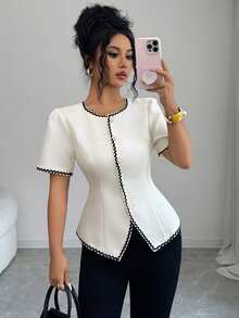 SHEIN Elenzya Women's Elegant Casual Commute Office Business Colorblock Wavy Ribbon Patchwork Waist-Cinched Blazer Jacket, Spring/Summer Teachers' Day Off-White - Apricot - View 1