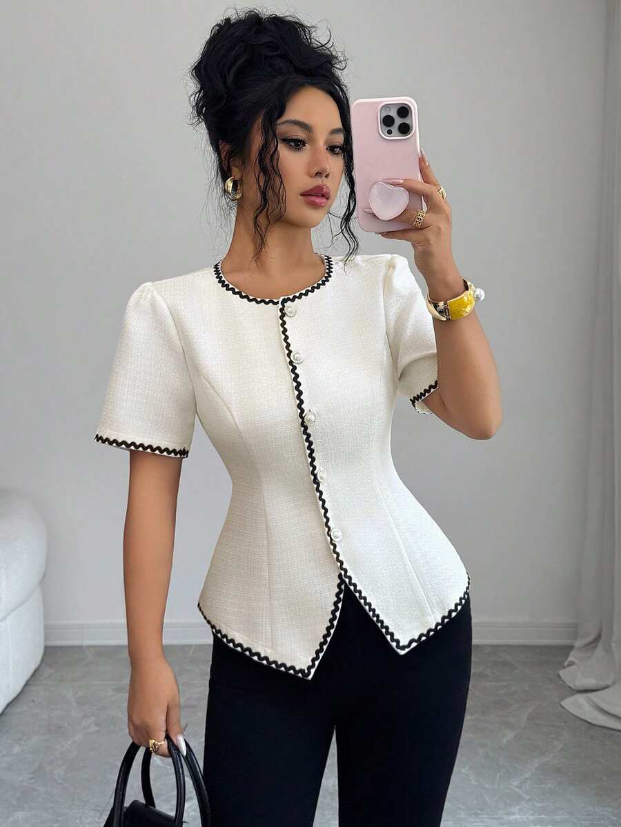 SHEIN Elenzya Women's Elegant Casual Commute Office Business Colorblock Wavy Ribbon Patchwork Waist-Cinched Blazer Jacket, Spring/Summer Teachers' Day Off-White - Apricot - View 1