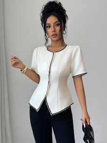 SHEIN Elenzya Women's Elegant Casual Commute Office Business Colorblock Wavy Ribbon Patchwork Waist-Cinched Blazer Jacket, Spring/Summer Teachers' Day Off-White - Apricot - View 4