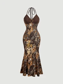 Skyraze All Shades Of Brown Paisley Halter Maxi Dress For Women Tie Neck Ring Front Bodycon Gown Backless Sleeveless Mermaid Hem Evening Party Boho - Brown - View 2
