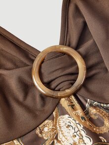 Skyraze All Shades Of Brown Paisley Halter Maxi Dress For Women Tie Neck Ring Front Bodycon Gown Backless Sleeveless Mermaid Hem Evening Party Boho - Brown - View 5