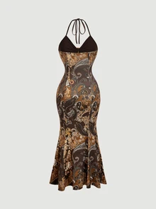 Skyraze All Shades Of Brown Paisley Halter Maxi Dress For Women Tie Neck Ring Front Bodycon Gown Backless Sleeveless Mermaid Hem Evening Party Boho - Brown - View 4